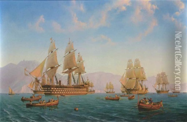 The British Mediterranean Fleet Exercising Off The Amalfi Coast At Sunset, With Fishermen At Work In The Foreground Oil Painting - Julius Prommel