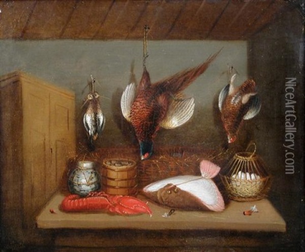 Still Life Of A Mallard, A Pheasant, A Hare, And A Brace Of English Partridge (+ A Brace Of Snipe, A Turbot, A Lobster, A Grouse, A Basket Of...; Pair) Oil Painting - Benjamin Blake