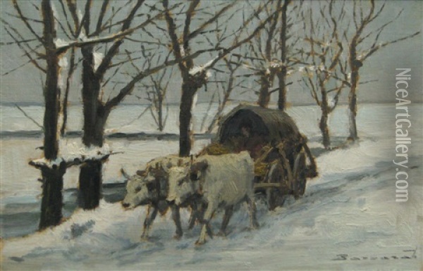 Vcart With Oxen In Winter Landscape Oil Painting - Ludovic Bassarab