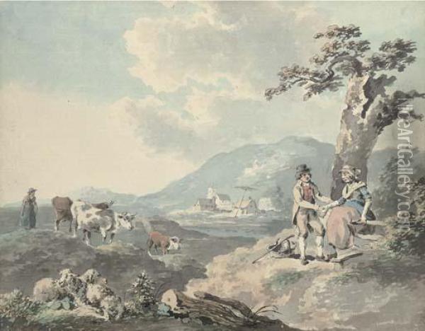 Figures In A Landscape With Cattle Beyond; And Figures By The Seawith A Donkey Oil Painting - Peter La Cave