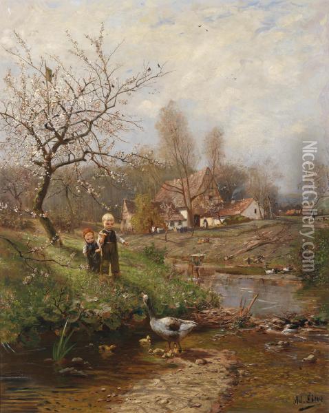 Spring Landscape With Two Children And Geese Oil Painting - Adolf Lins