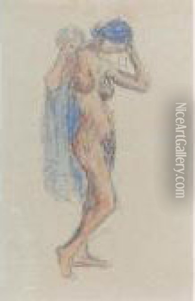 Nude Model With Drapery And Standing Female Nude: A Double-sided Drawing Oil Painting - Maurice Brazil Prendergast