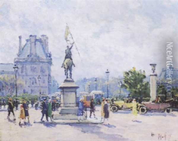 La Place Jeanne D'arc Animee Oil Painting - Henri Malfroy-Savigny