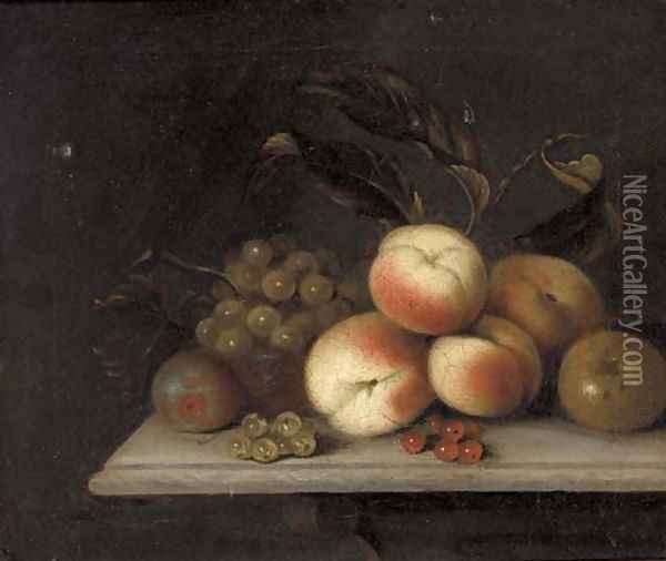 Peaches, grapes, red and whitecurrants, and an apple, on a ledge Oil Painting - William Sartorius