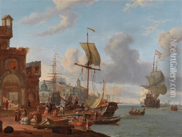A Mediterranean Seaport With A Man-of-war And Other Ships Off The Coast With Numerous Figures Oil Painting - Abraham Jansz. Storck