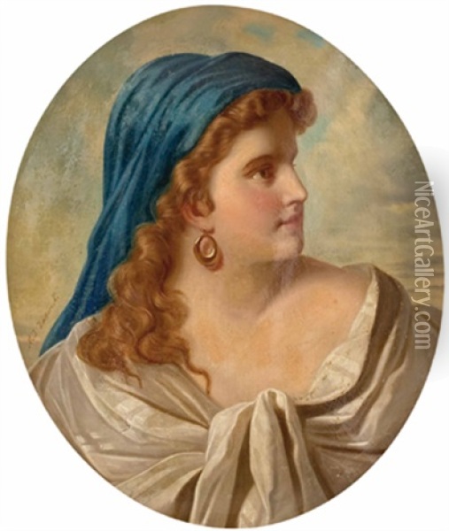Junge Dame Mit Blauem Kopftuch Oil Painting - Marcel Johann von Zadorecki