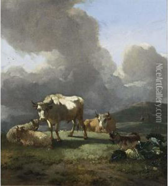 An Italianate Landscape With A Bull, Cows, Sheep And A Goat In A Meadow Oil Painting - Willem Romeyn