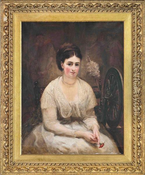 Portrait Of Miss Minnie Preston, Seated Beside A Spinning Wheel Oil Painting - Henry Richard, Hon. Graves
