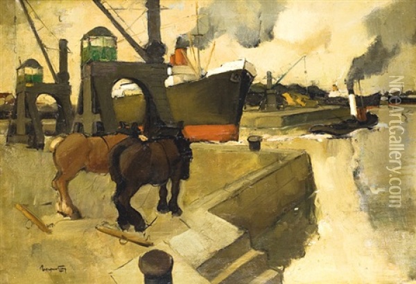Chevaux De Trait Au Port Oil Painting - Oscar Verpoorten
