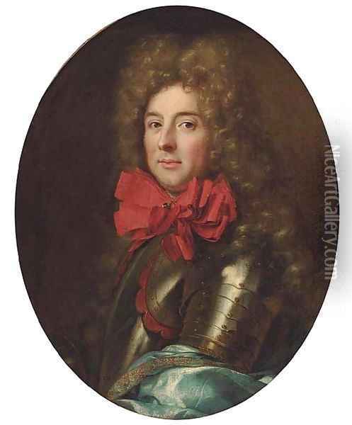 Portrait of a gentleman, bust-length, in armour and a red neckerchief, traditionally identified as the Duc de Ventadour Oil Painting - Mignard, Pierre II