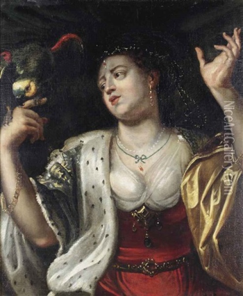 An Allegory Of Touch - A Parrot Pecking A Woman's Finger Oil Painting - Abraham Janssens