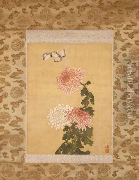 Two Butterflies above Chrysanthemums, Qing Dynasty, c.1760 Oil Painting - Shen Quan