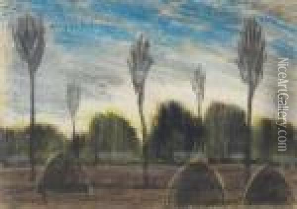 Landscape With Haystacks Oil Painting - Istvan Nagy