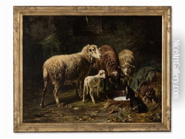 Sheep At The Milk Bowl Oil Painting - Otto Friedrich Gebler