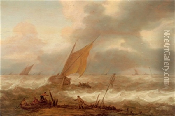 Schiffe Auf Bewegter See, Im Vordergrund Ein Boot Mit Fischern Oil Painting - Cornelis Leonardsz Stooter