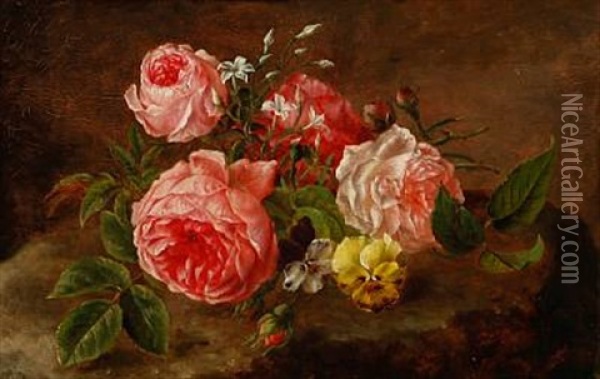 Anthonore Christensen After Emmy Thornam: Roses And Heartseases Oil Painting - Anthonie Eleonore (Anthonore) Christensen