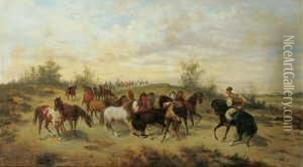 Berittene Pferdehirten In Der Ungarischen Puszta. Oil Painting - Ludwik Gedlek