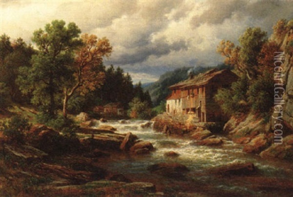 A Fisherman By A River In South Tirol, Austria Oil Painting - Eduard Friedrich Pape