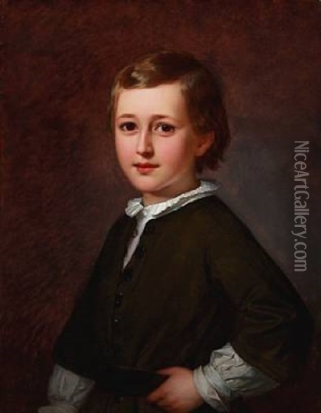 Portrait Of The Danish Ballet Master And Choreographer August Bournonville's Son Edmond Mozart August Bournonville (1846-1904) As A Child, Wearing A White Shirt And An Olive Green Jacket Oil Painting - Edvard Lehmann