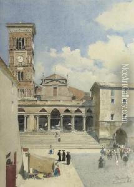 Activities On The Piazza Del Duomo, Terracina Oil Painting - Peter Woltze