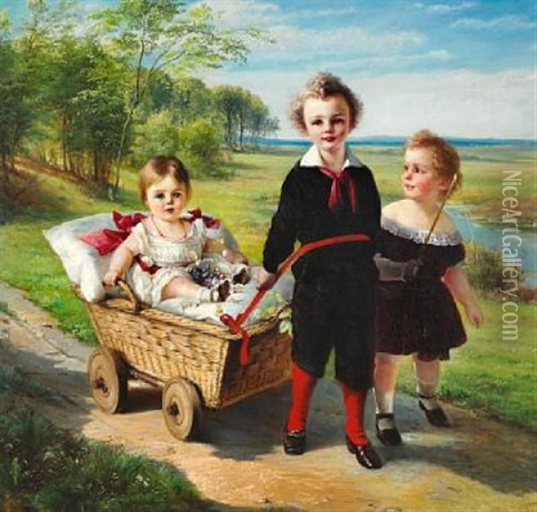 Three Children Of The Treschow Family. Summer Landscape With Frederik, Harry And Katie Oil Painting - Elisabeth Anna Maria Jerichau-Baumann
