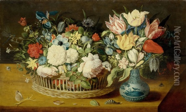 Still Life With Flowers In A Woven Basket And A Floral Bouquet In A Porcelain Vase On A Table Top With Insects Oil Painting - Osias Beert the Elder