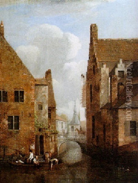 A Backwater In Bruges, With Figures In A Boat At The Steps Of A House, Bridge And Church Beyond Oil Painting - Jean-Baptiste Andre De Noter