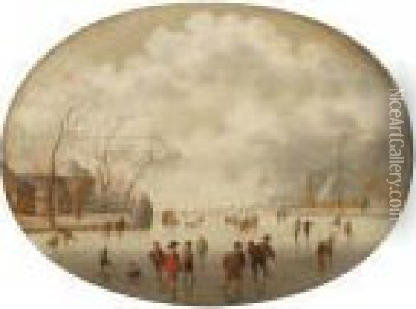 A Winterlandscape With Figures Skating And Sleighing On A Frozen River Near A Village Oil Painting - Verstraelen Anthonie