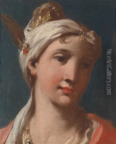 Bildnis Eines Madchens Mit Einer Perlengeschmuckten Turbanartigen Kopfbedeckung Oil Painting - Giovanni Antonio Pellegrini