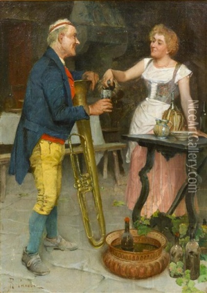 Musician And Inn Maid With Chianti Oil Painting - Ruggero Panerai