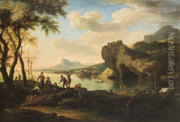 Paesaggio Costiero Con Pescatori Oil Painting - Jacob De Heusch