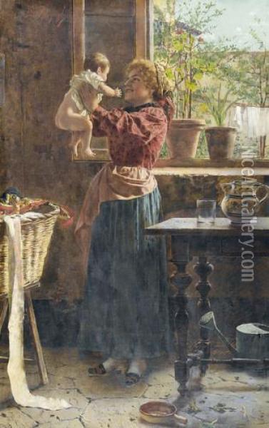 Mutter Mit Kleinkind Am Fenster Oil Painting - Eugenio Zampighi