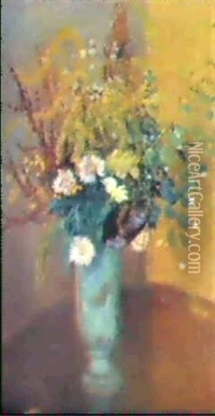 Herbstblumenstrauss In Turkisfarbener Vase Oil Painting - Otto Modersohn