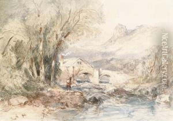 An Angler Beside A Rushing River Oil Painting - John Skinner Prout