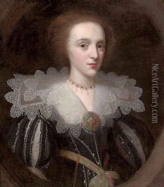 Portrait of a lady, half-length, in a black and white slashed dress with a lace collar, and green and gold embroidered rosette and sash Oil Painting - Johnson, Cornelius I