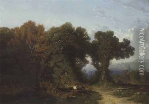 Holzfaller Auf Sonnigem Weg Am Waldrand Oil Painting - Gustave Eugene Castan