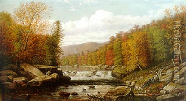 The Falls In Autumn - Pennsylvania Oil Painting - William Coventry Wall