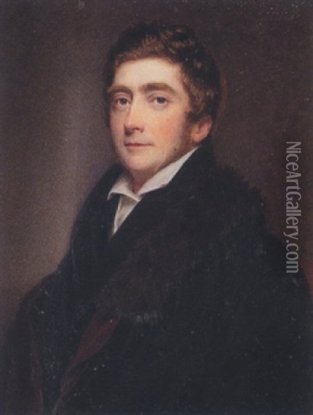 Edward J. Cooper, Black Coat, Waistcoat, White Chemise And Fur-trimmed Burgundy-lined Black Cloak Oil Painting - William John (Sir) Newton