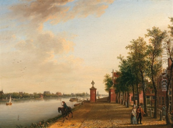 Stadtpromenade Mit Einem Ehepaar Und Einem Reiter Am Kanal Bei Sloterdijk Oil Painting - Johann Jacob Koller