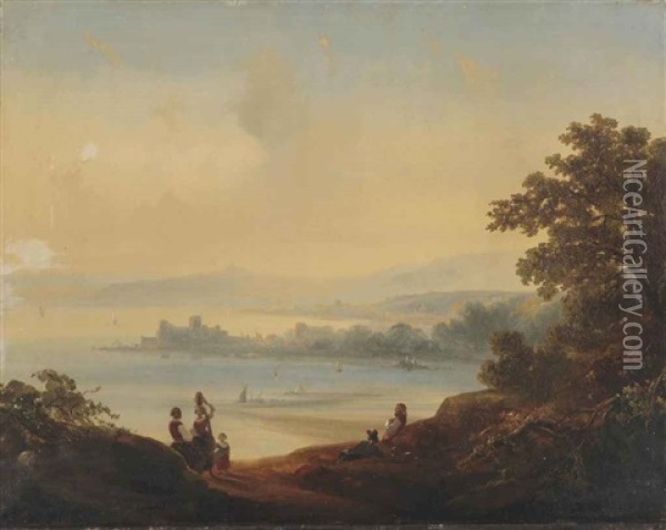 An Italianate Landscape With A Capriccio View Of A Bay Of Napels Oil Painting - Anton Sminck Pitloo