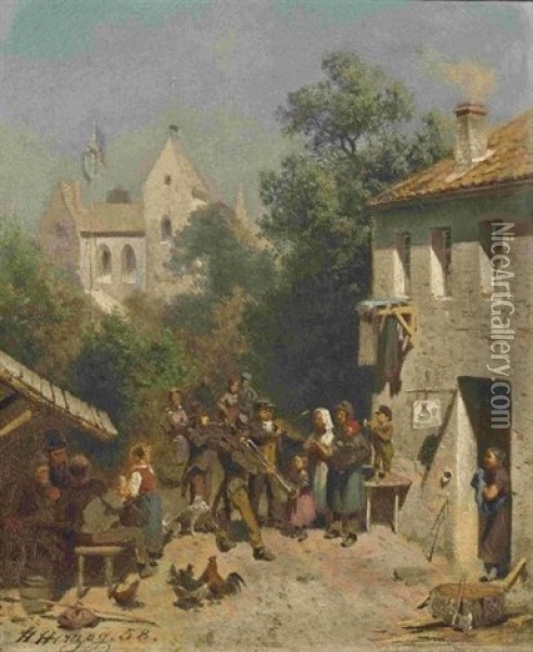 Musikkapelle Vor Der Dorfschenke Oil Painting - Hermann Herzog
