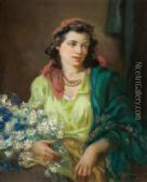 Girl With Flowers Oil Painting - Marcel Krasicky