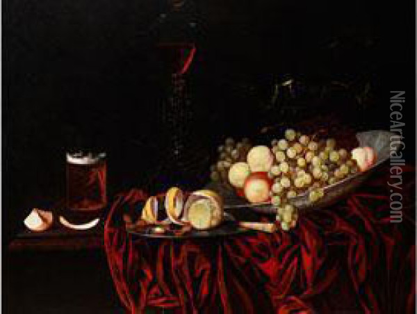 Grosses Fruchtestilleben Mit Glaspokal, Bierglas Und Zitrone Oil Painting - Georg Hainz