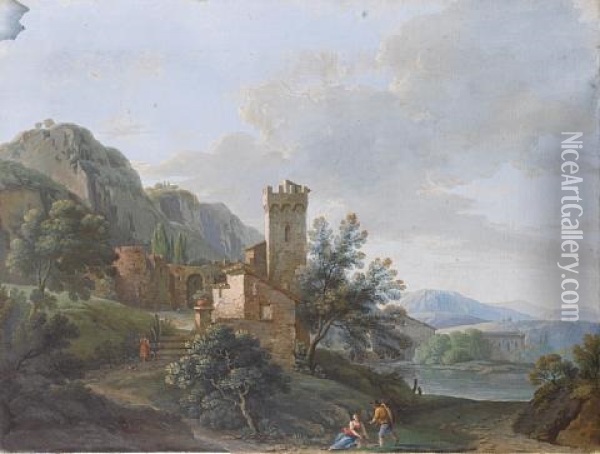 Figures Resting Before A Walled Village, Mountains And A Lake In The Distance Oil Painting - Giovanni Battista Busiri