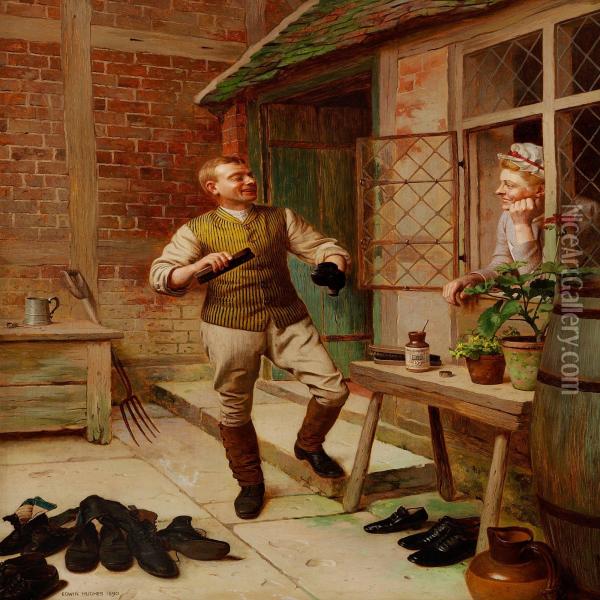 The Butler Is Polishing Shoes While Flirting With The Maid Oil Painting - Edwin Hughes