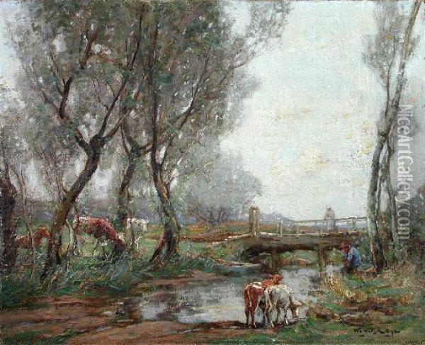 Cattle Watering At A Ford Oil Painting - William Watt Milne