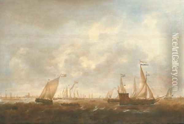 The Zeeland Fleet on the Merwede, Dordrecht in the distance Oil Painting - Jacob Adriaensz. Bellevois