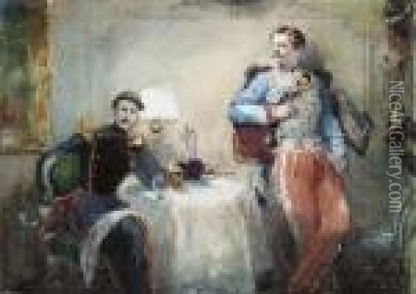 Un Officier Assis A Une Table Pres D'un Hussard Debout Tenant Unverre De Vin Oil Painting - Eugene Louis Lami