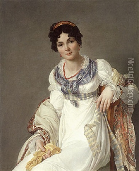 Portrait Of A Lady Wearing A White Dress With A Paisley Shawl And Holding A Glove Oil Painting - Francois Henri Mulard