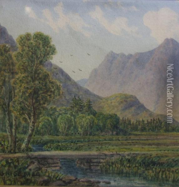 River Landscapes With Mountains To Horizons Oil Painting - William Taylor Longmire